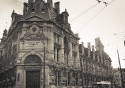 A tram outside the National Bank in Antwerp, Belgium