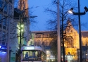 A quick stop on the Groenplaats as night falls in Antwerp, Belgium